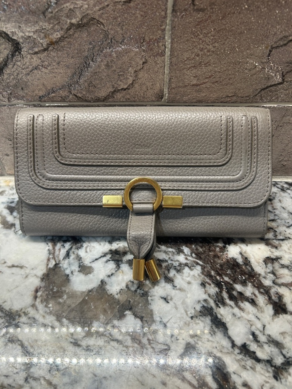 Chloe Gray Leather Wallet Clutch with Gold Ring Accent with dust bag EUC